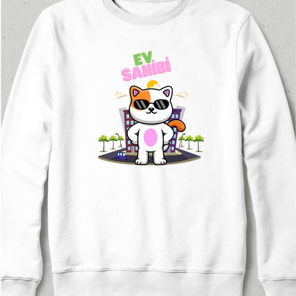 Gerçek Ev Sahibi : Kedi Kapşonsuz Sweatshirt - basmatik.com