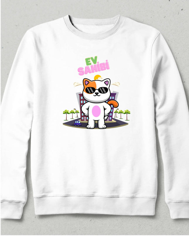 Gerçek Ev Sahibi : Kedi Kapşonsuz Sweatshirt - basmatik.com