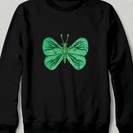 Motifli Turkuaz Yeşili Kelebek Yağlı Boya Tasarım Unisex Sweatshirt