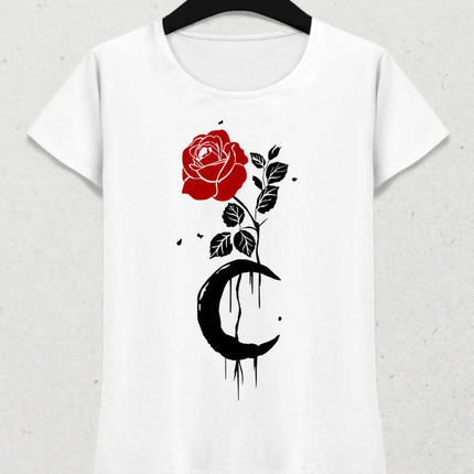 Rose And Moon Kadın Beyaz Tişört - basmatik.com