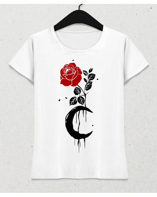 Rose And Moon Kadın Beyaz Tişört - basmatik.com