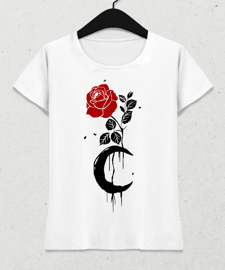 Rose And Moon Kadın Beyaz Tişört - basmatik.com