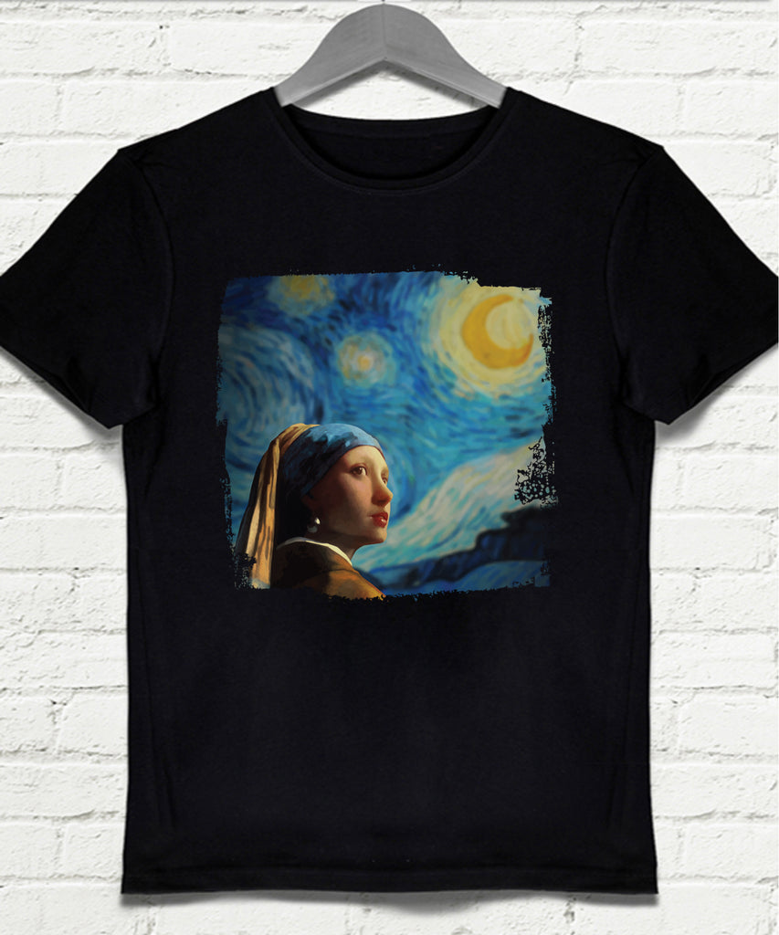 Girl with Starry Night Siyah Tişört - basmatik.com