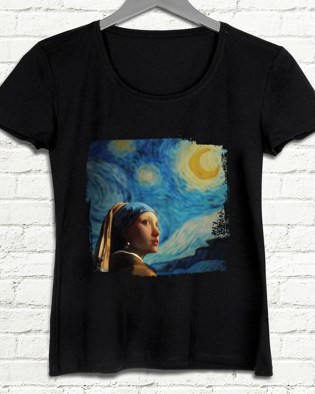 Girl with Starry Night Siyah Tişört - basmatik.com