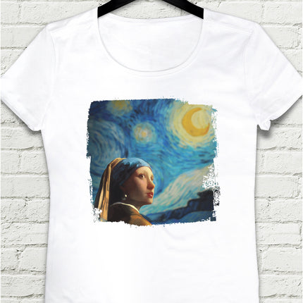 Girl with Starry Night Beyaz Tshirt - basmatik.com