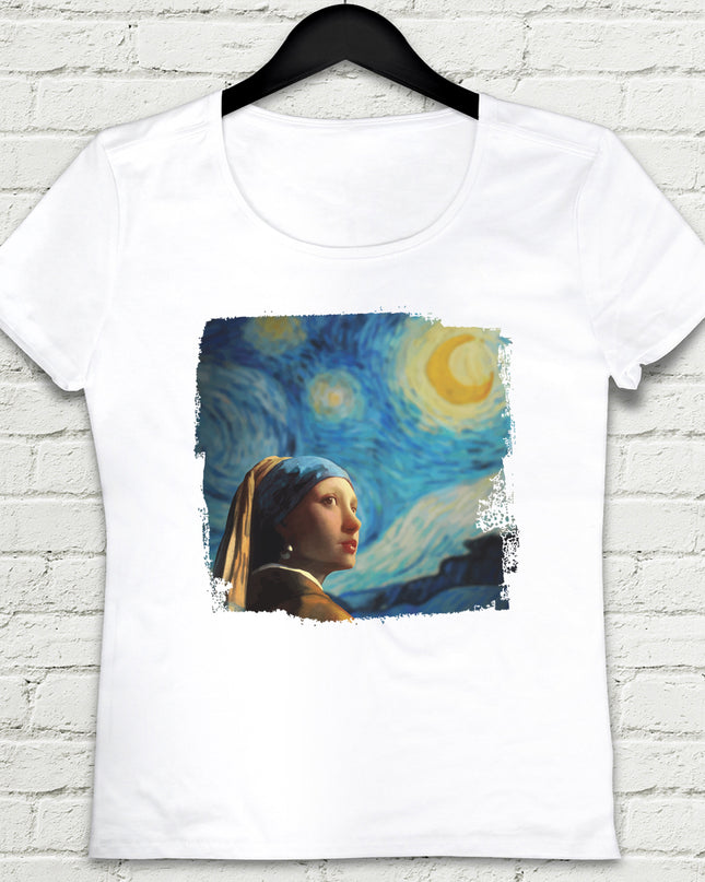 Girl with Starry Night Beyaz Tshirt - basmatik.com