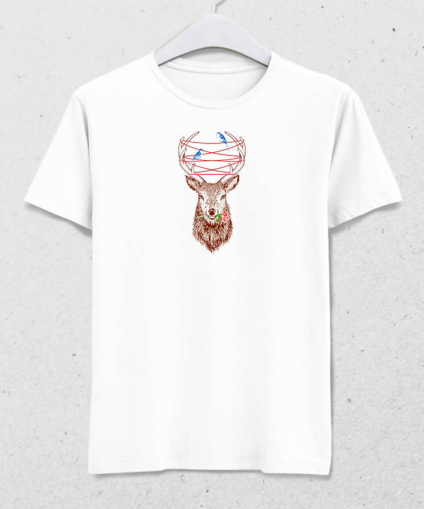 Deer and Birds Men's White T-Shirt