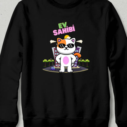 Gerçek Ev Sahibi : Kedi Kapşonsuz Sweatshirt - basmatik.com