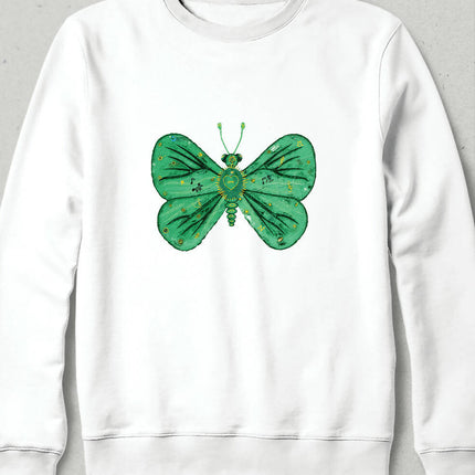 Motifli Turkuaz Yeşili Kelebek Yağlı Boya Tasarım Unisex Sweatshirt