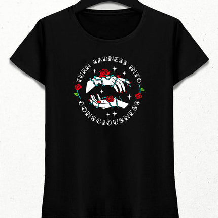 Rose & Hands Kadın Siyah Tişört - basmatik.com