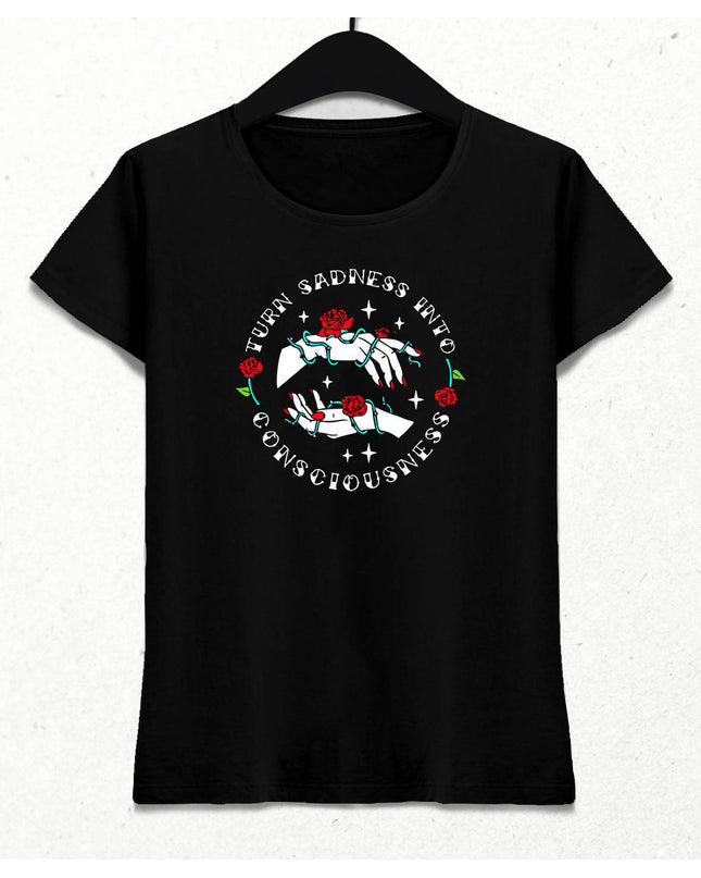 Rose & Hands Kadın Siyah Tişört - basmatik.com