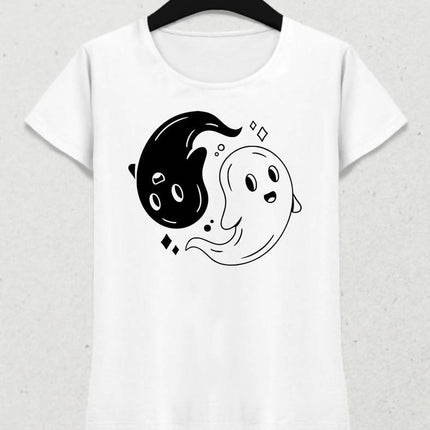 Ying Yang Ghosts Kadın Beyaz Tişört - basmatik.com