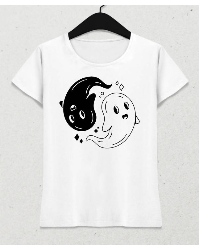 Ying Yang Ghosts Kadın Beyaz Tişört - basmatik.com