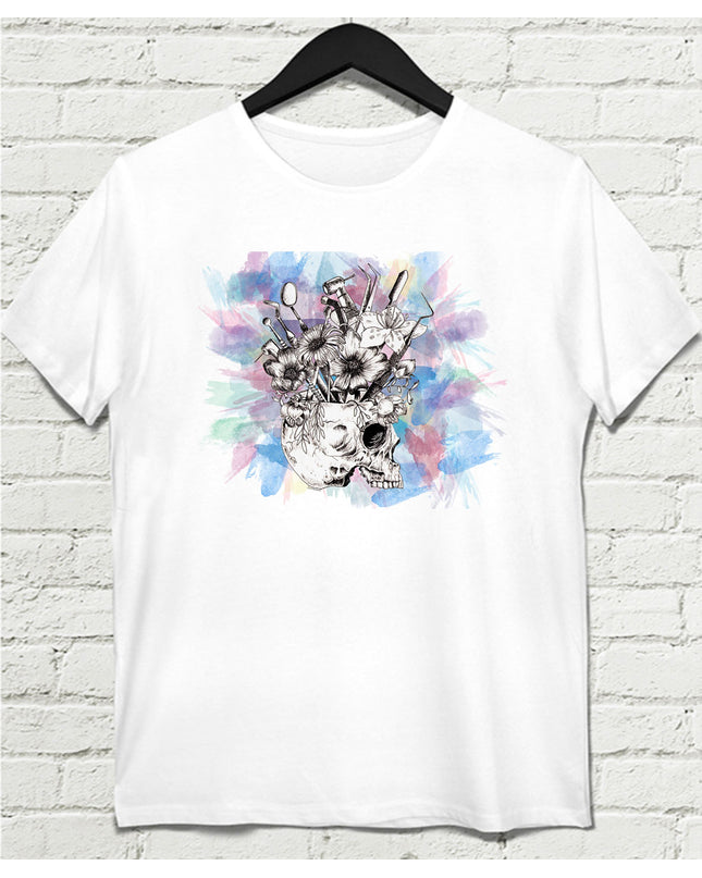 Skull With Tools Beyaz Tişört - basmatik.com