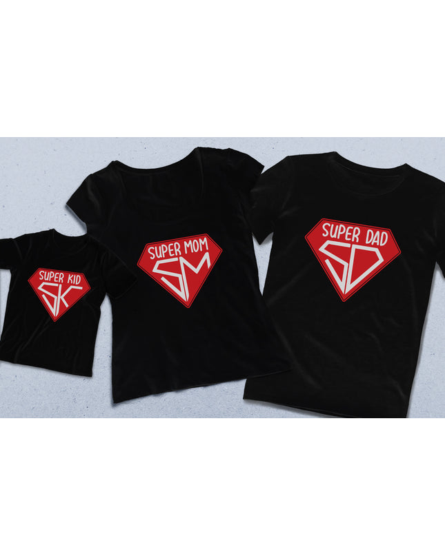 Super hero Anne baba çocuk siyah tişört seti - basmatik.com